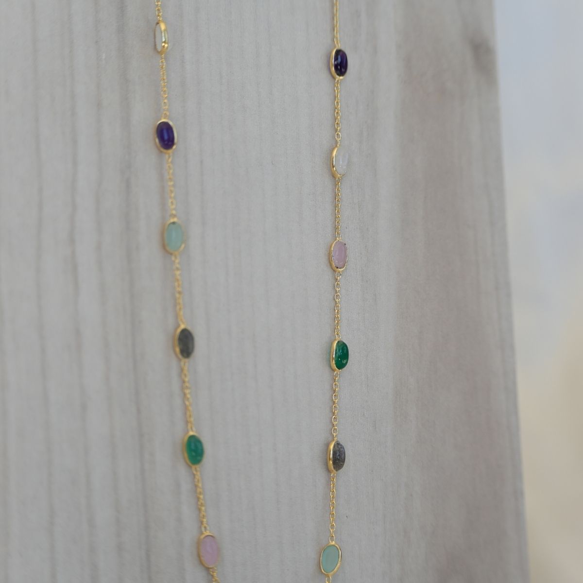 Gold Necklace With Different Coloured Semi Precious Stones In Necklace