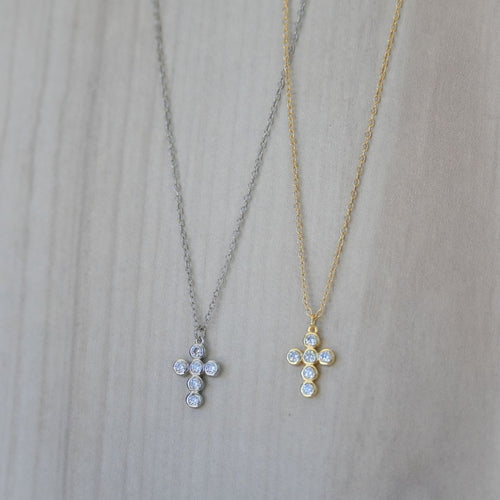 Gold cross necklace with clear zirconia stones