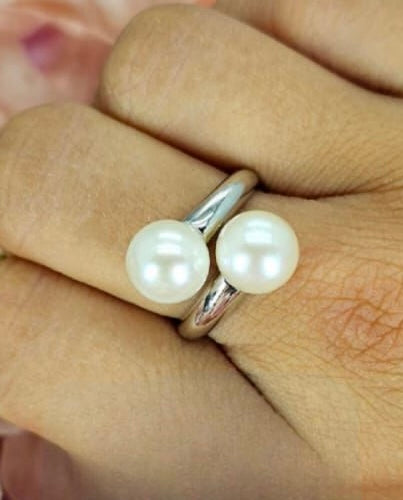 Sterling silver wrap ring with two large freshwater pearls on end