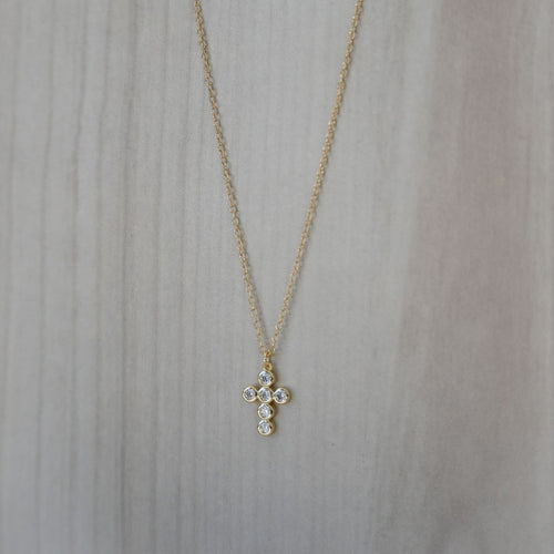 Gold cross necklace with clear zirconia stones