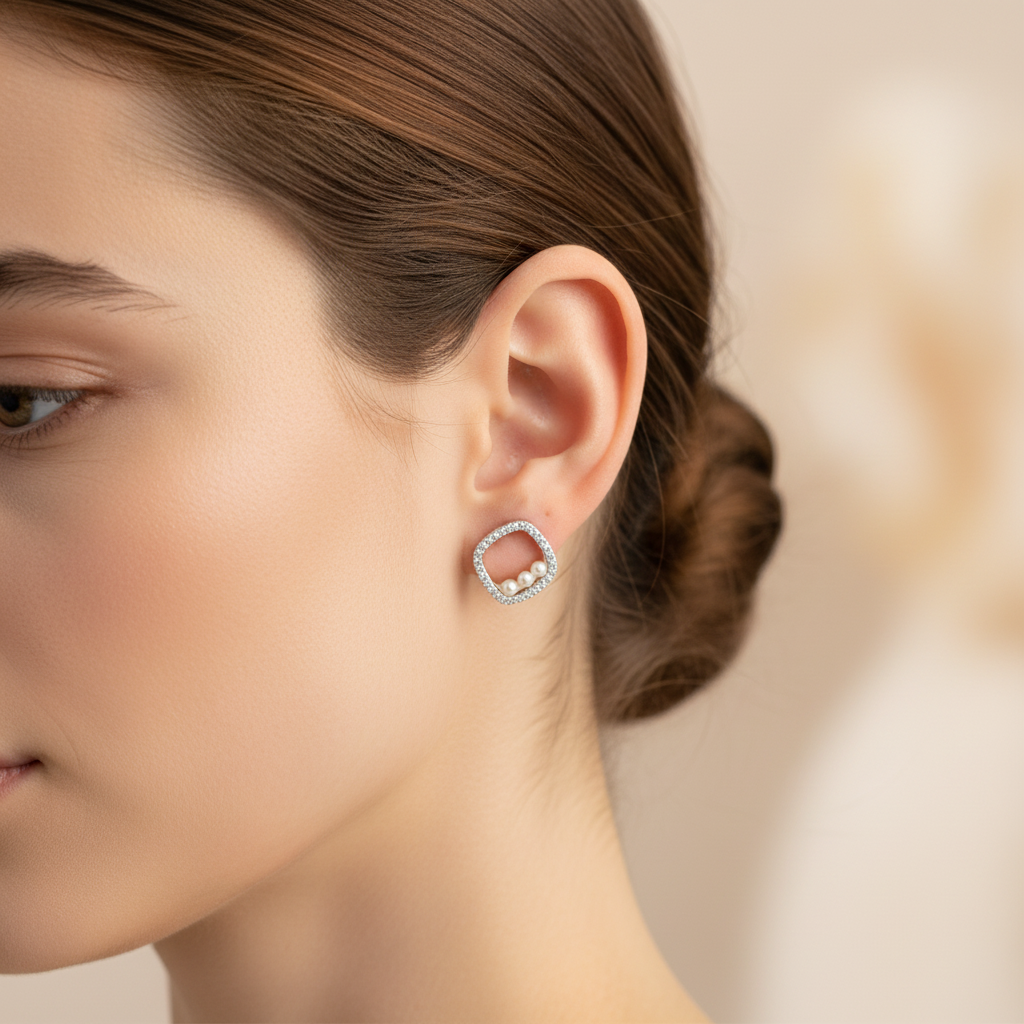 10 Mm Square Stud With Cubic Zirconia Pavé And Three Freshwater Pearls - Terciany 