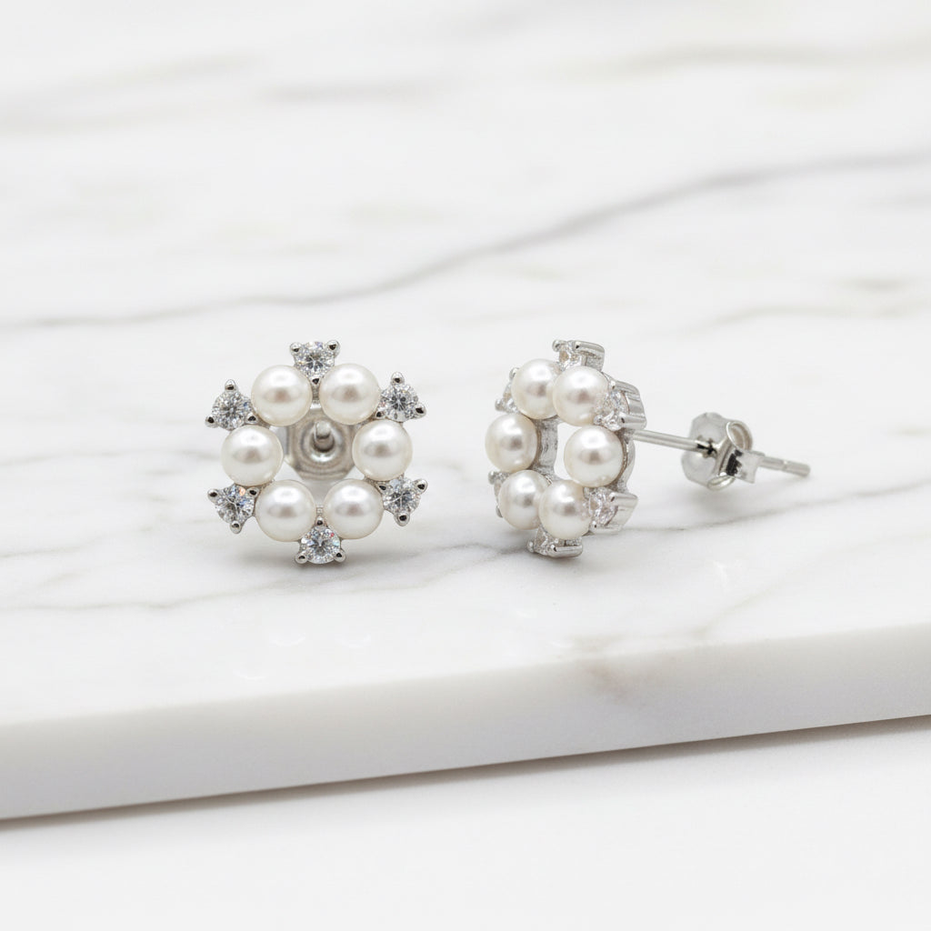 Round 15mm Freshwater Pearl Studs With Cubic Zirconia Stones In Between
