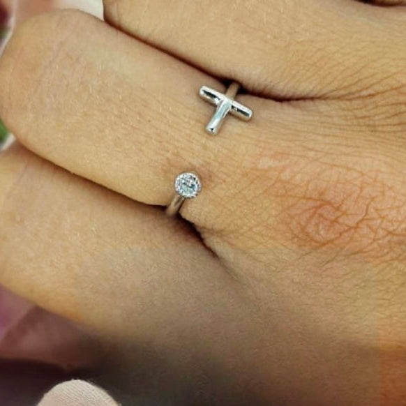 Sterling Silver Open Ring With Cross And Crystal Detail On Ends