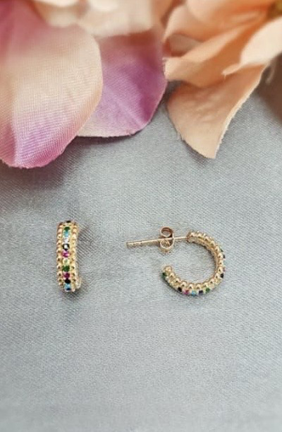 Rose gold hoops with rainbow coloured cubic zirconia