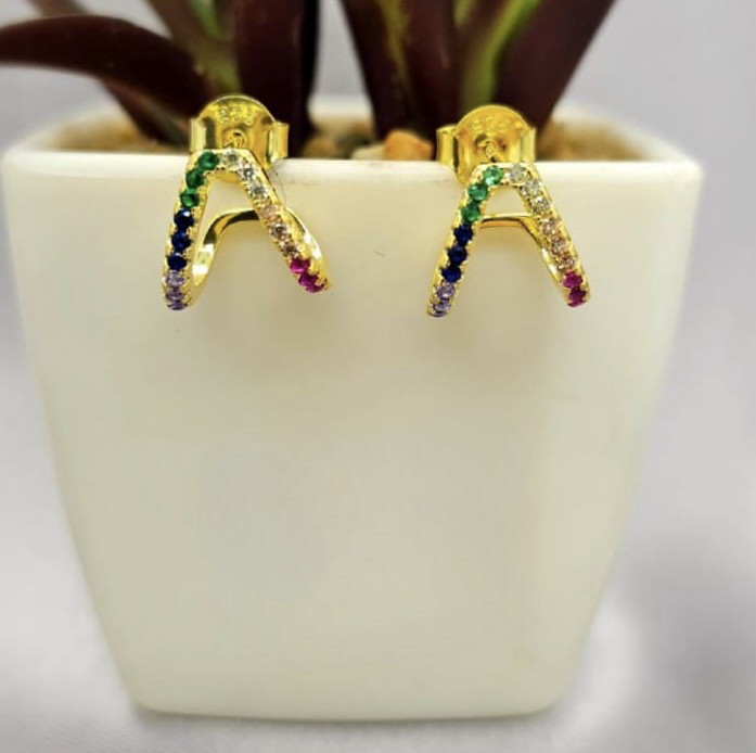 Golden Double Hoop With Rainbow Coloured Stones