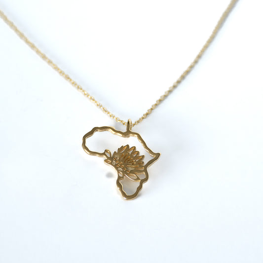 Africa outline with protea inside necklace in gold or silver