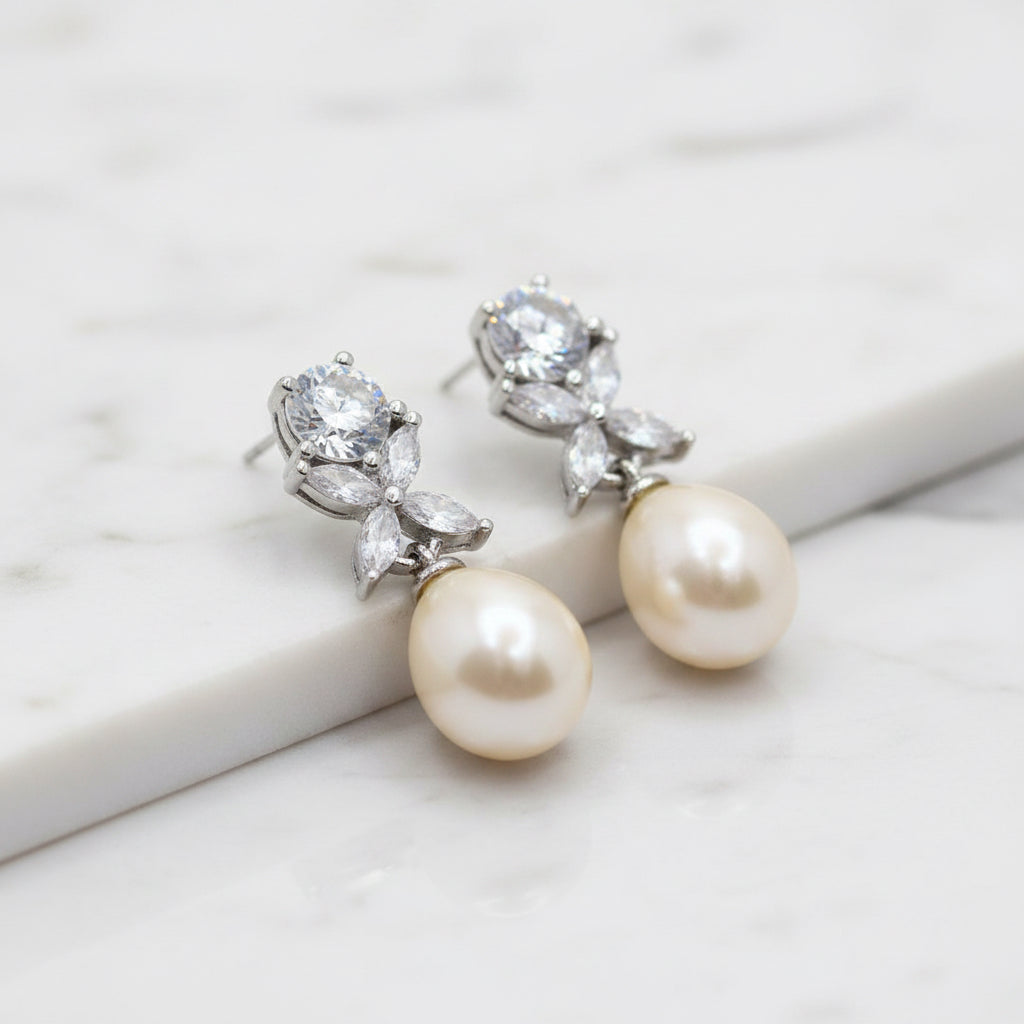 Beautiful Flower Cubic Zirconia Earring With Freshwater Pearls On End - Terciany 