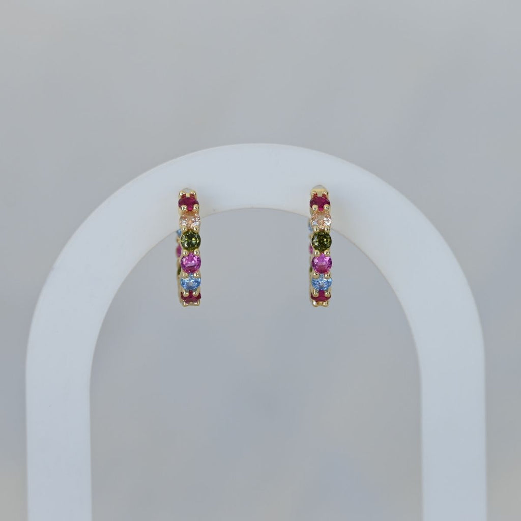 Five coloured zirconia gold huggy earrings
