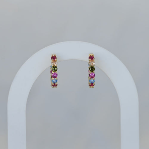 Five coloured zirconia gold huggy earrings