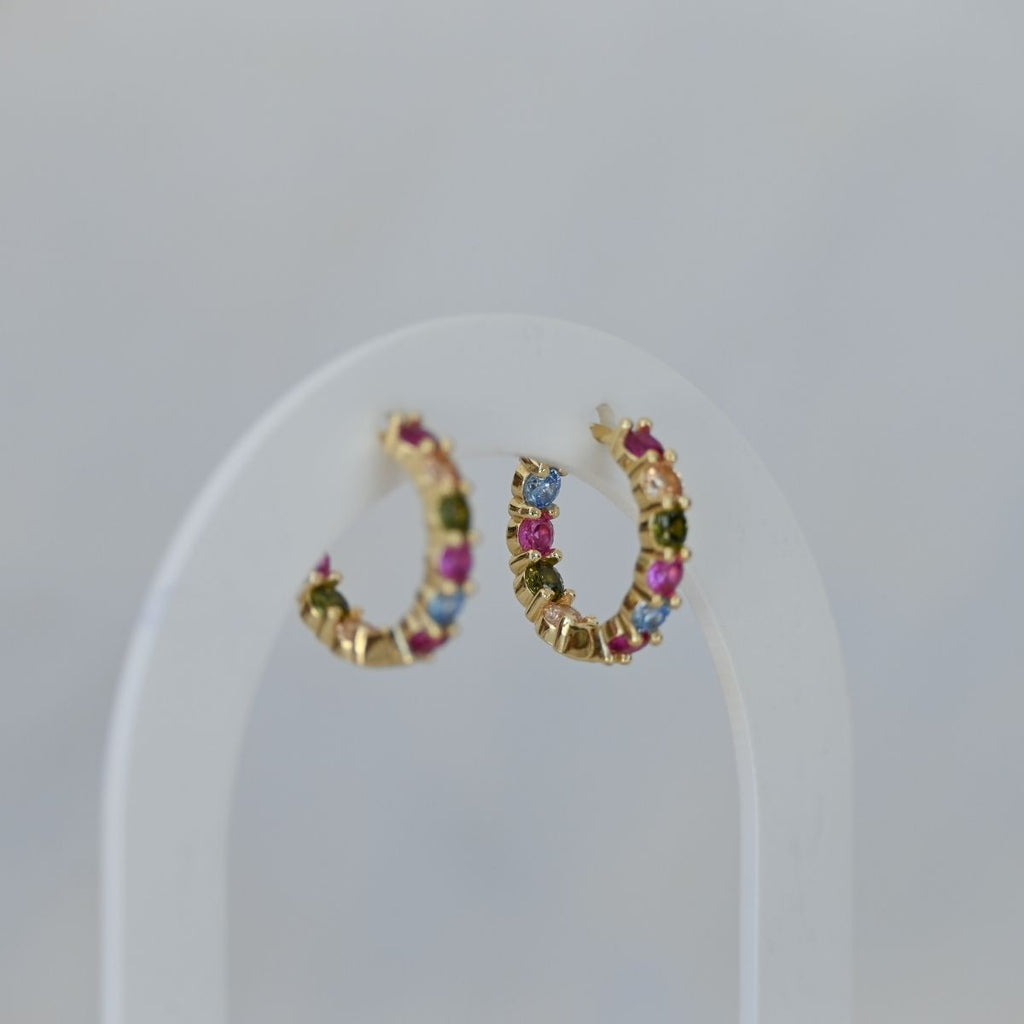 Five coloured zirconia gold huggy earrings