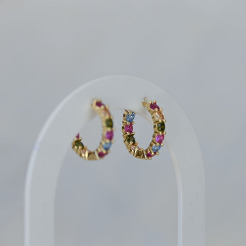 Five coloured zirconia gold huggy earrings