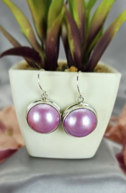 Stunning 17mm pink Mabe drop earrings set in a solid sterling silver base