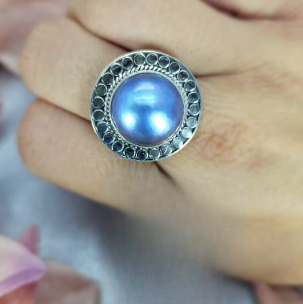 Stunning adjustable sterling silver ring with 16mm blue Mabe pearl