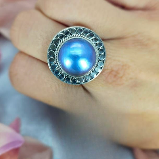 Stunning adjustable sterling silver ring with 16mm blue Mabe pearl