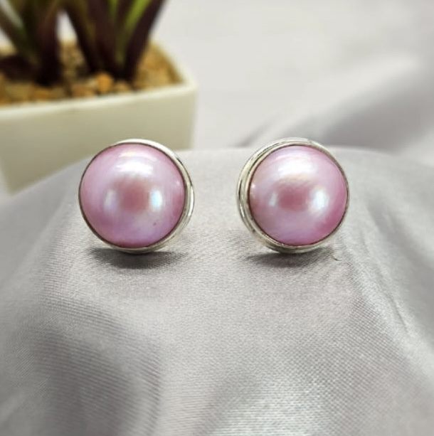 Stunning 17mm pink Mabe pearl stud earring set in Sterling silver
