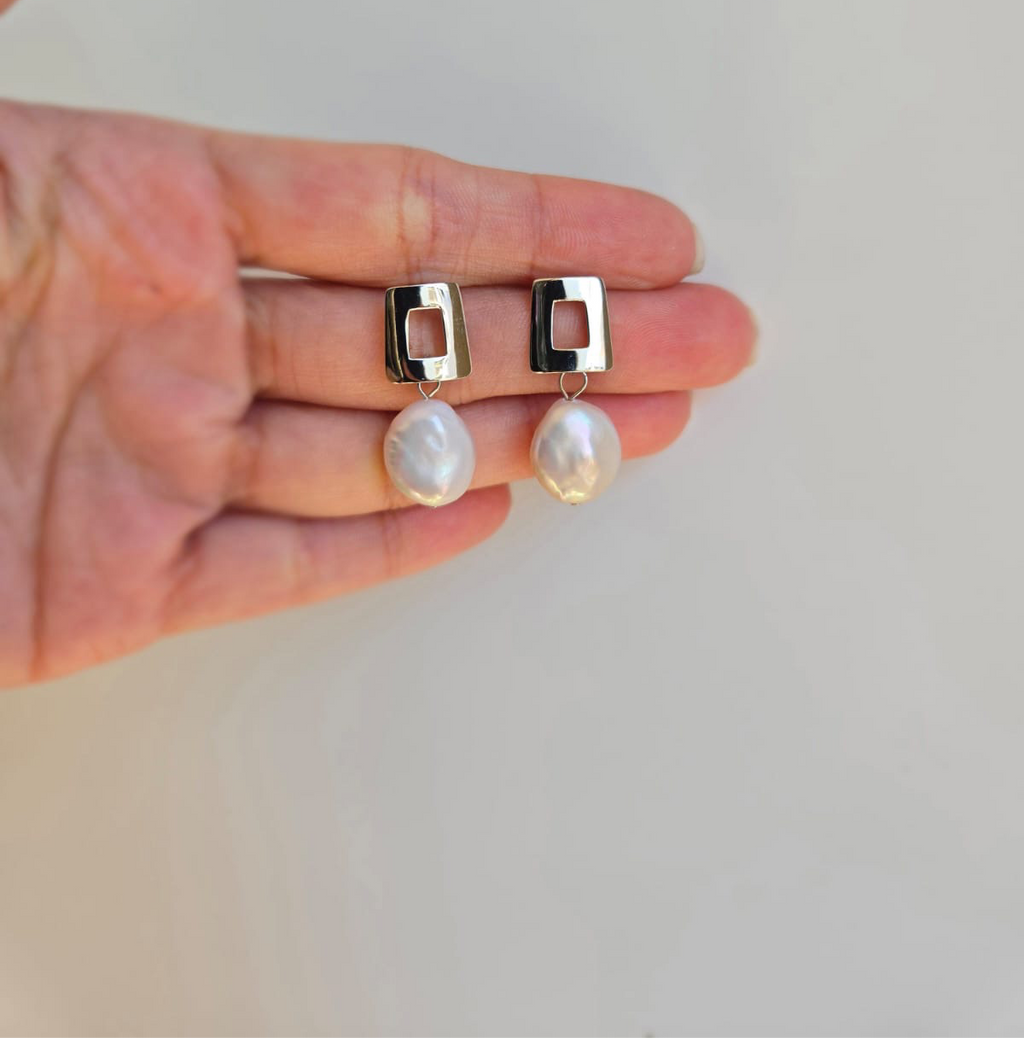 Open square freshwater pearl drop earrings