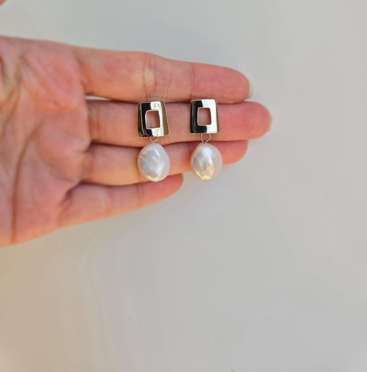 Open square freshwater pearl drop earrings