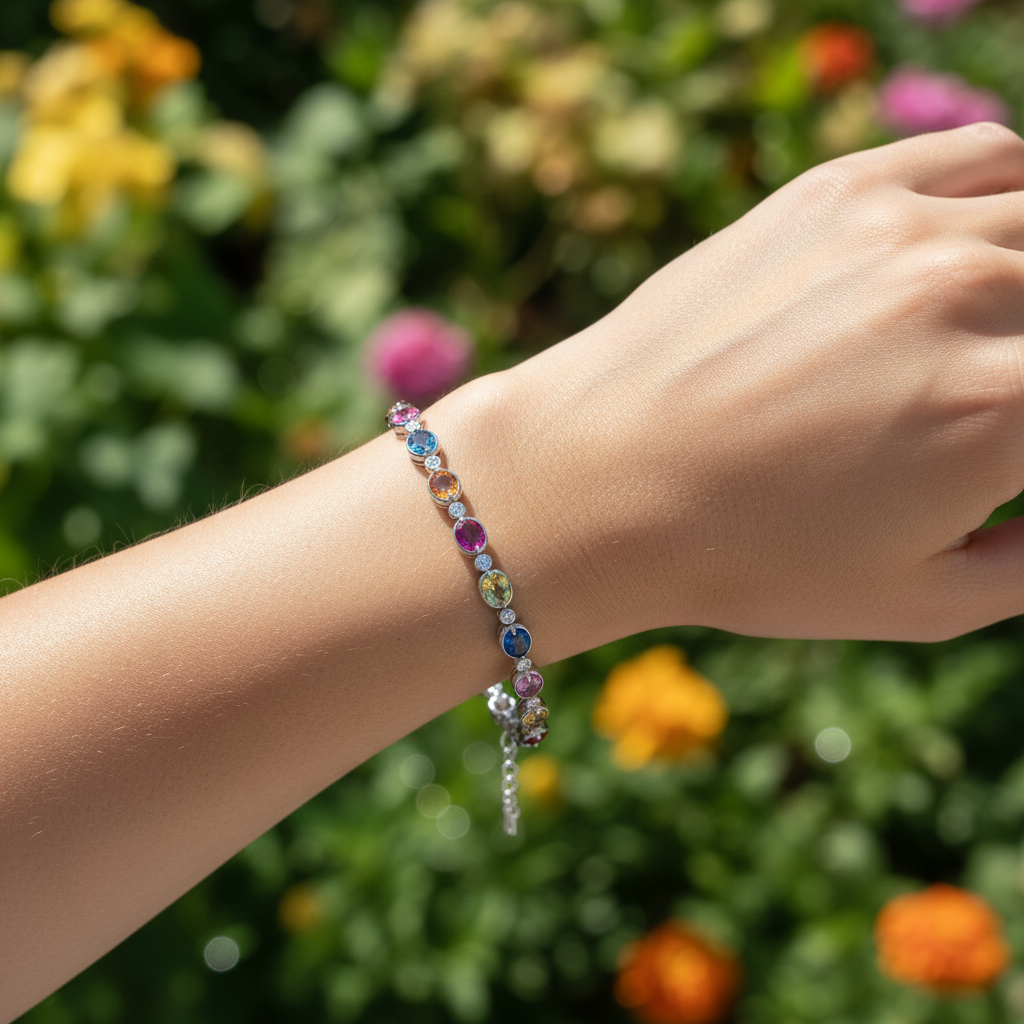 Multicolored beaded bracelet on a wrist with close-up inset