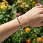 Multicolored beaded bracelet on a wrist with close-up inset