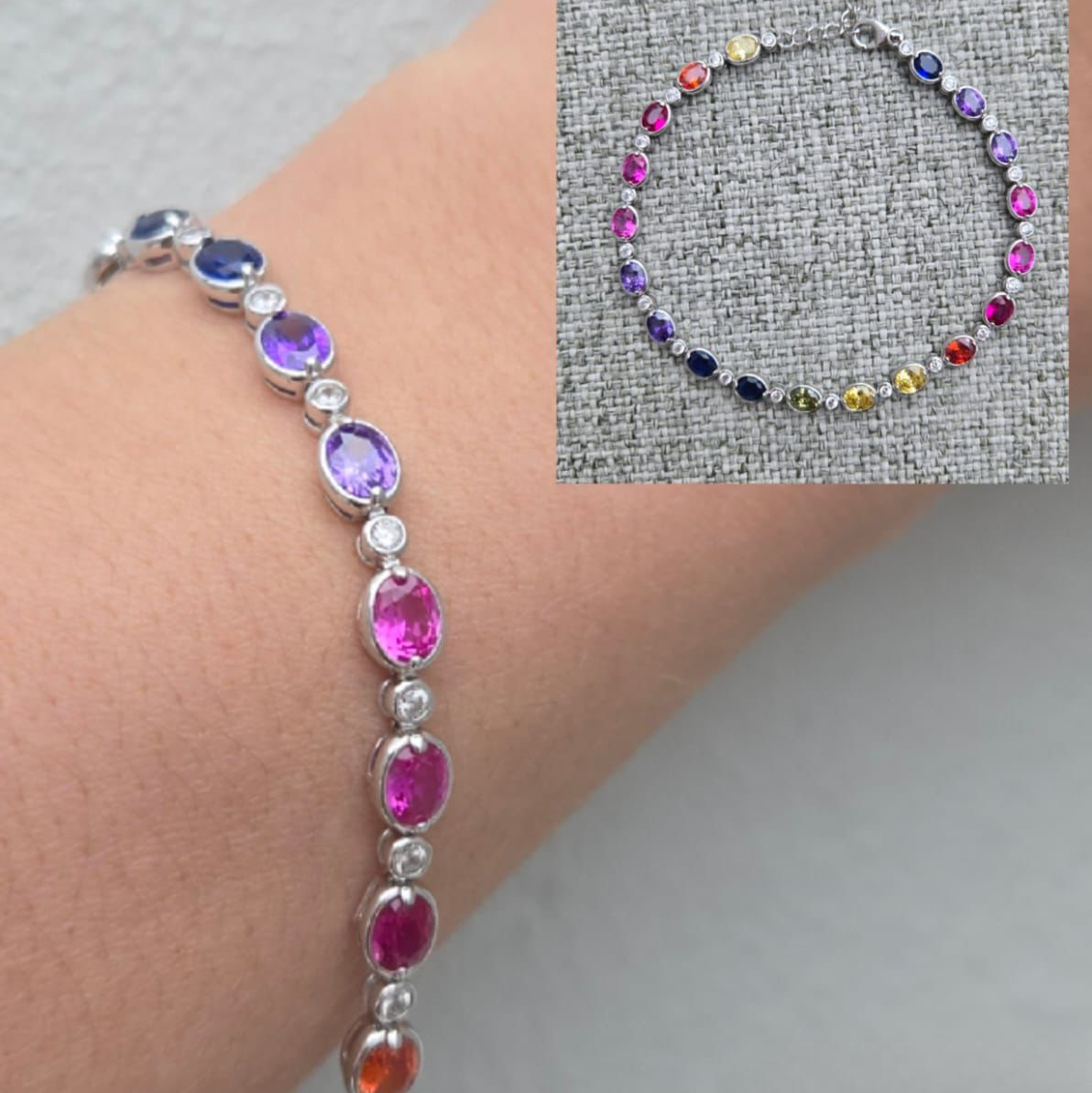 Multicolored beaded bracelet on a wrist with close-up inset