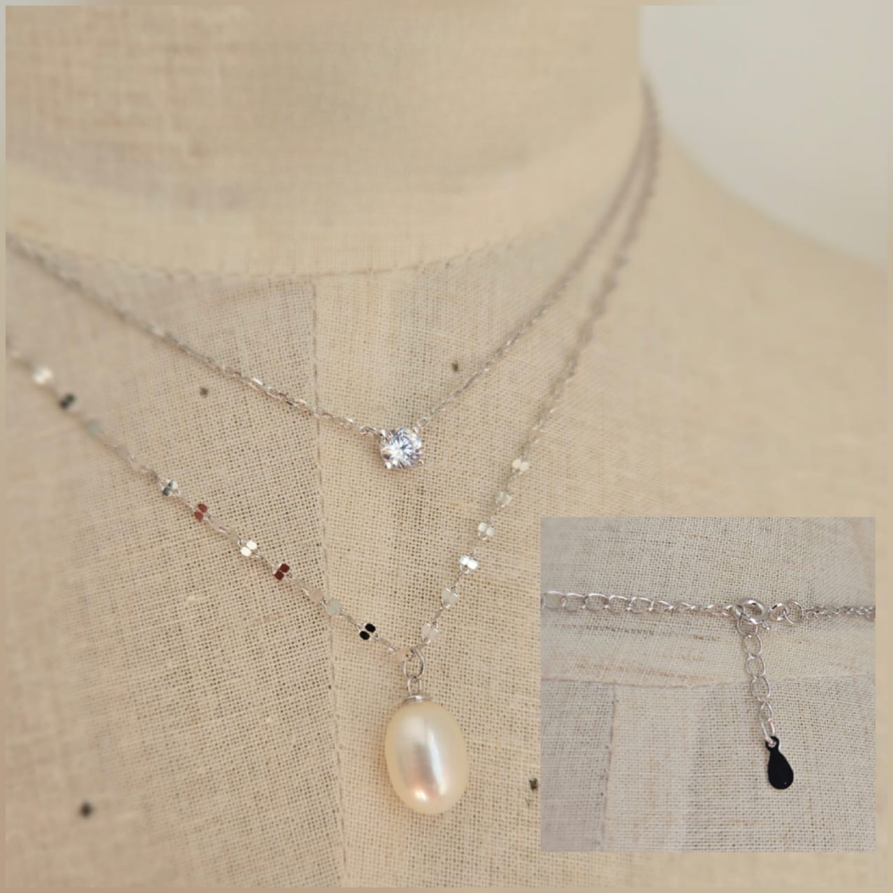 Double Layer Sterling Silver Necklace With Cubic Zirconia