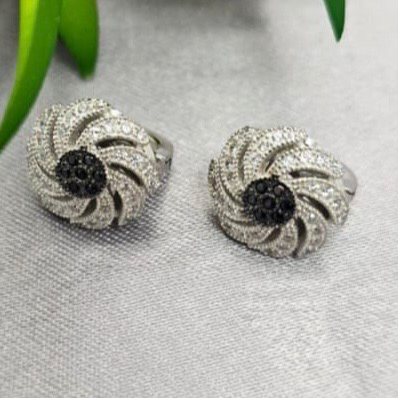 Silver earrings with black centers on a gray surface with green leaves in the background