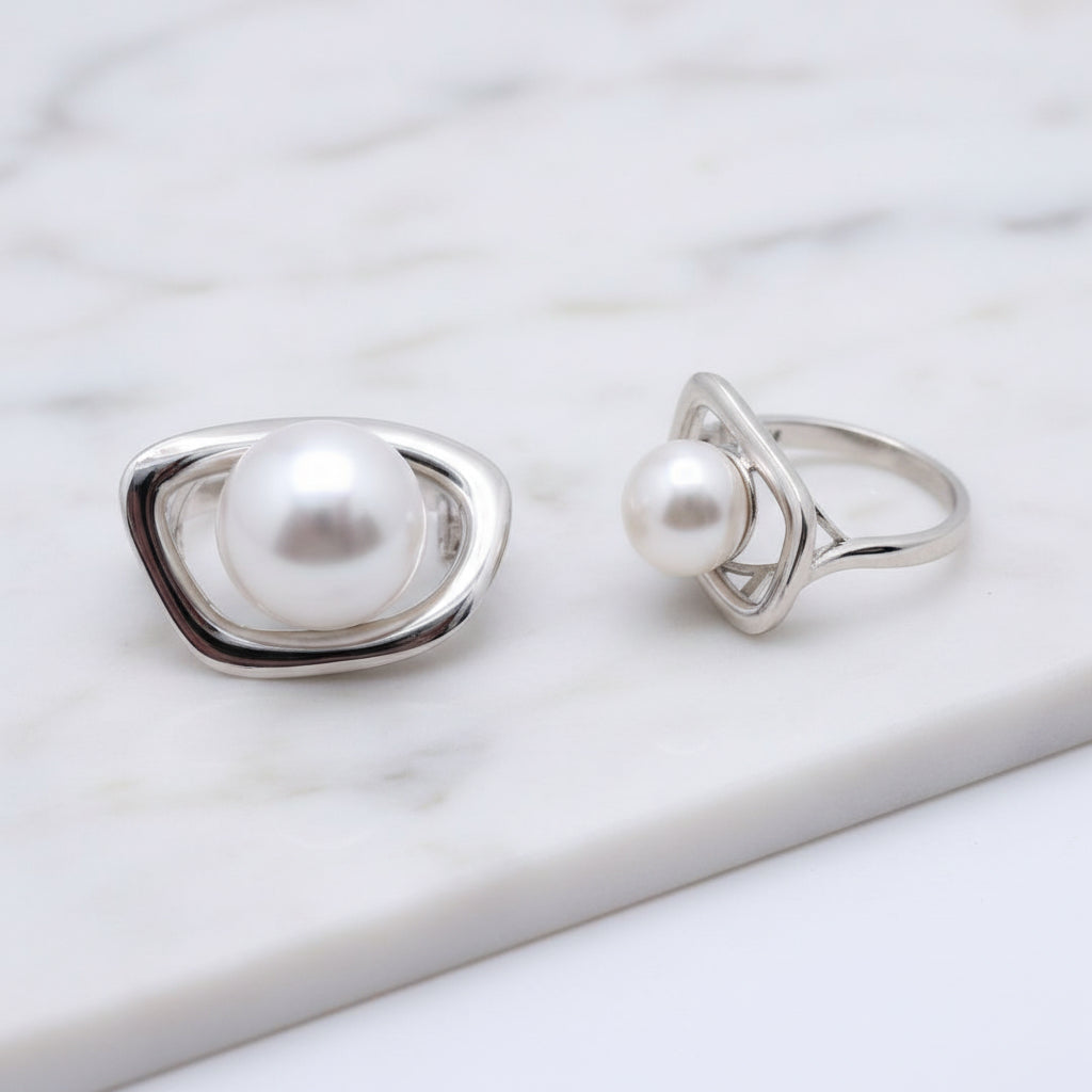 Sterling Silver Open Shaped Ring With Freshwater Pearl In Centre - Terciany 