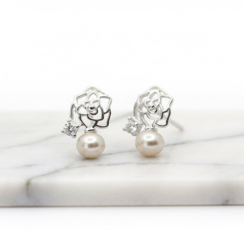 Rose And Pearl Stud Earrings - Terciany 