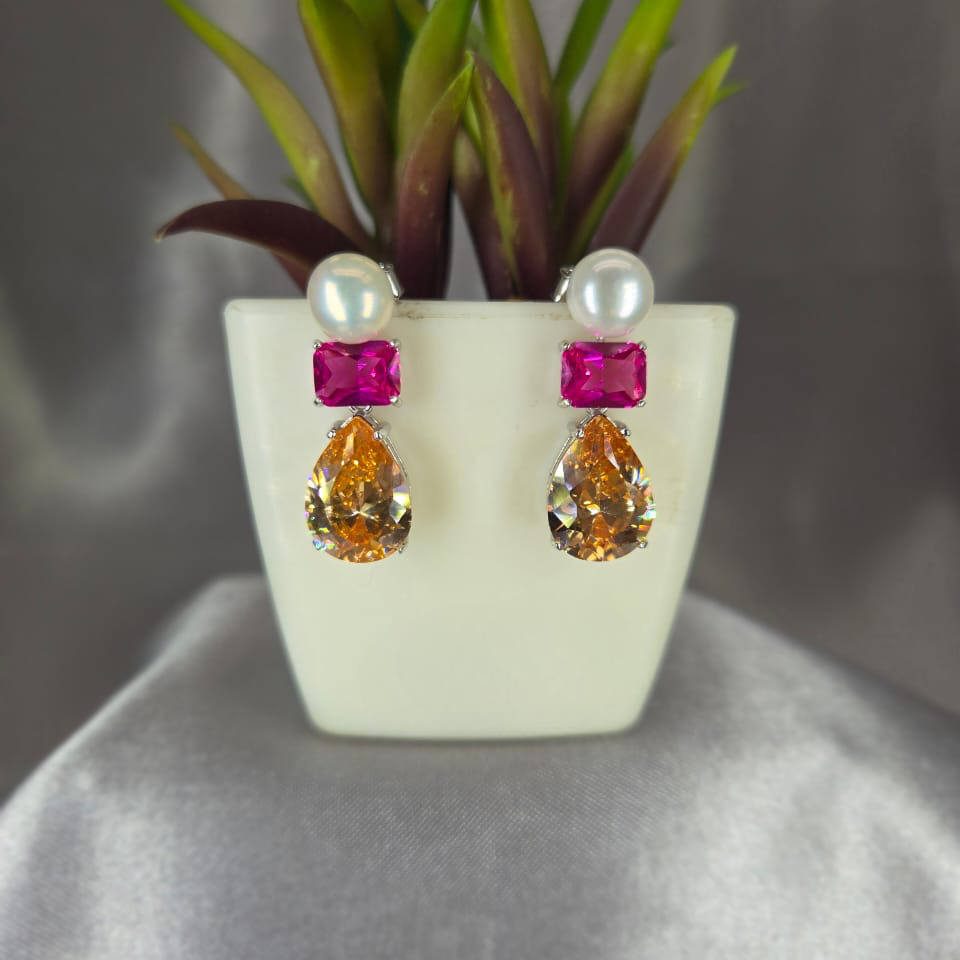 Stunning Eye Catching Pink And Topaz Cubic Zirconia Drop Earrings With Freshwater Pearl Base
