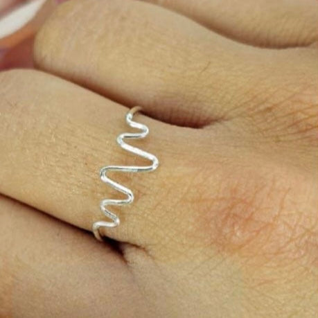 A sterling silver ring with a heartbeat design on a person's finger.