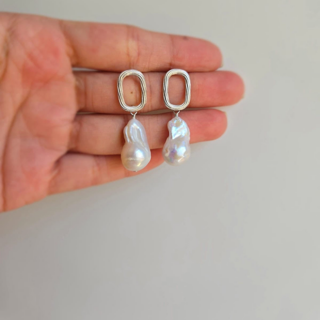 Baroque Pearl Drops On Silver Twisted Rectangular Studs
