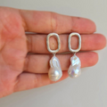 Baroque Pearl Drops On Silver Twisted Rectangular Studs - Terciany 