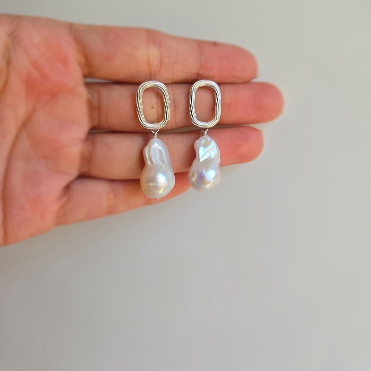 Baroque Pearl Drops On Silver Twisted Rectangular Studs
