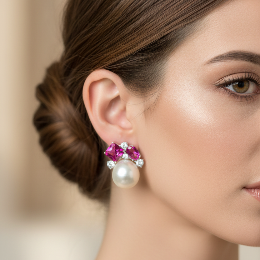 A pair of pearl earrings with pink cubic zirconia on top, displayed in a white vase with a green plant in the background.