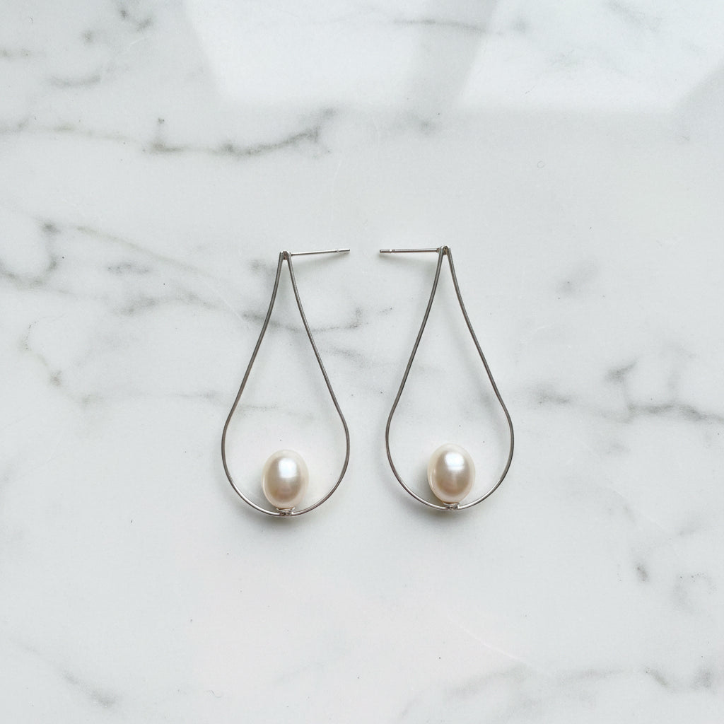Large Oval Drop Earrings With Freshwater Pearl In Oval
