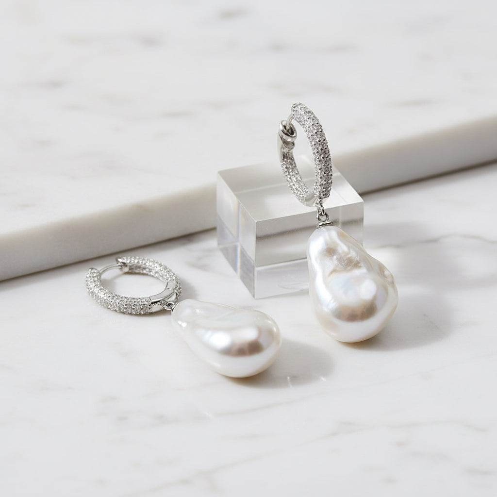 Pave Huggy Earrings With Large Baroque Pearl Drops