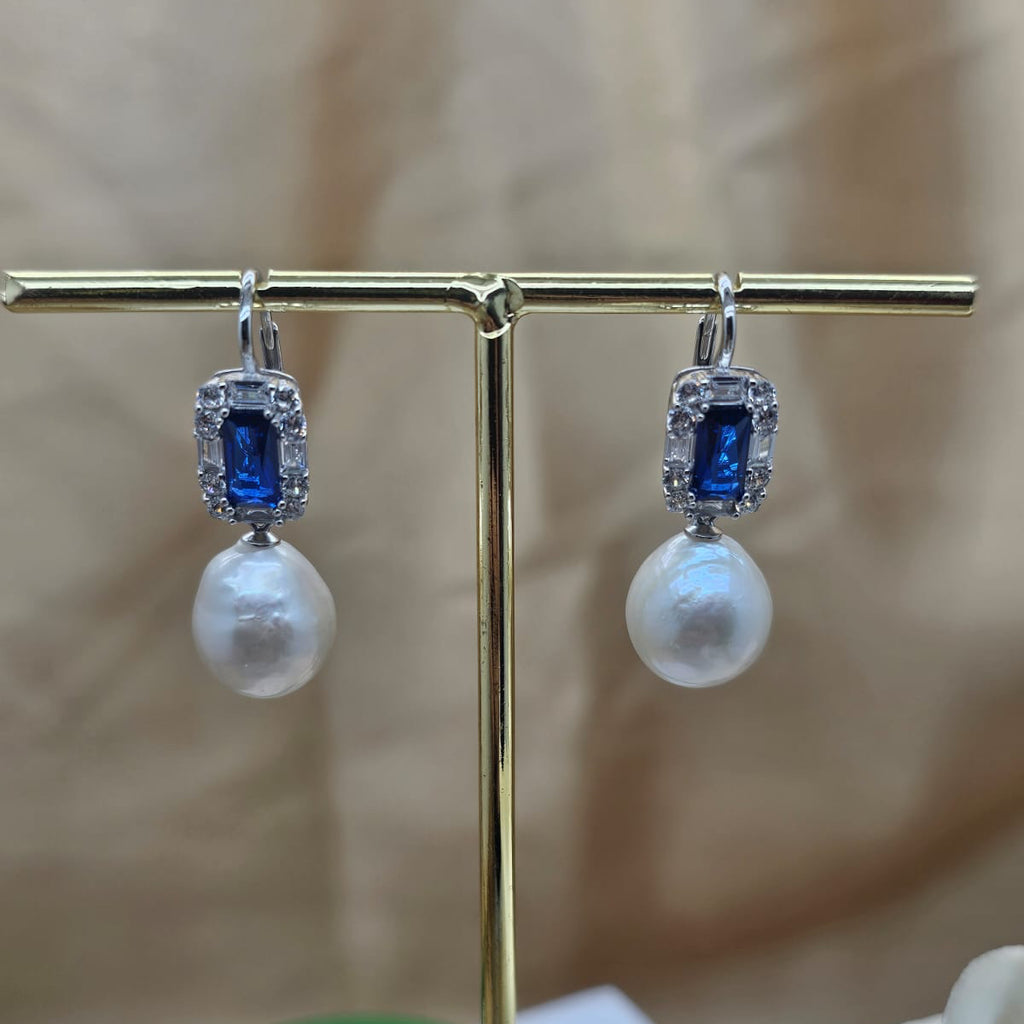 Statement Sterling Silver Earrings With Baroque Pearl And Blue Cubic Zirconia Stones