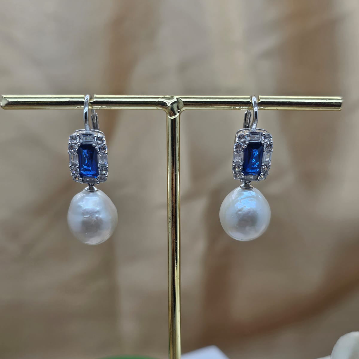 Statement Sterling Silver Earrings With Baroque Pearl And Blue Cubic Zirconia Stones