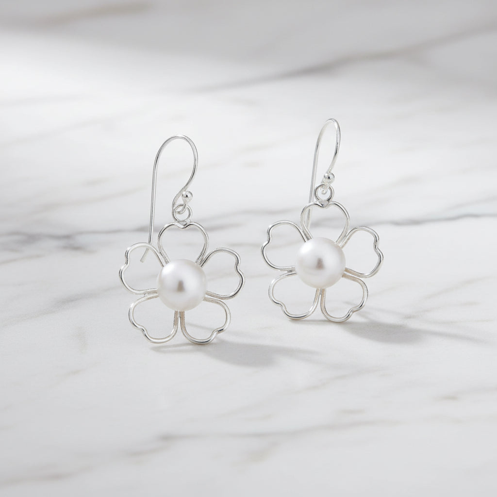 Sterling Silver Drop Daisies With Beauty Freshwater Pearl Middle - Terciany 