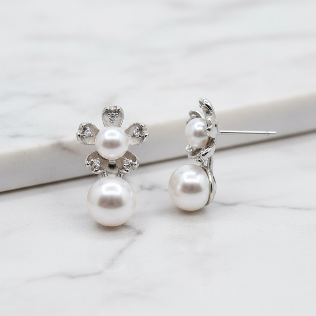 Flower double pearl drop earrings