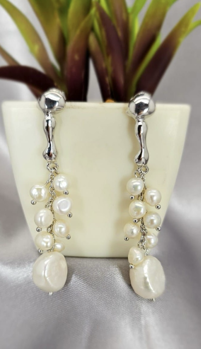 Sterling Silver Drop Statement Earrings With Lots Of Dangling Freshwater Pearls