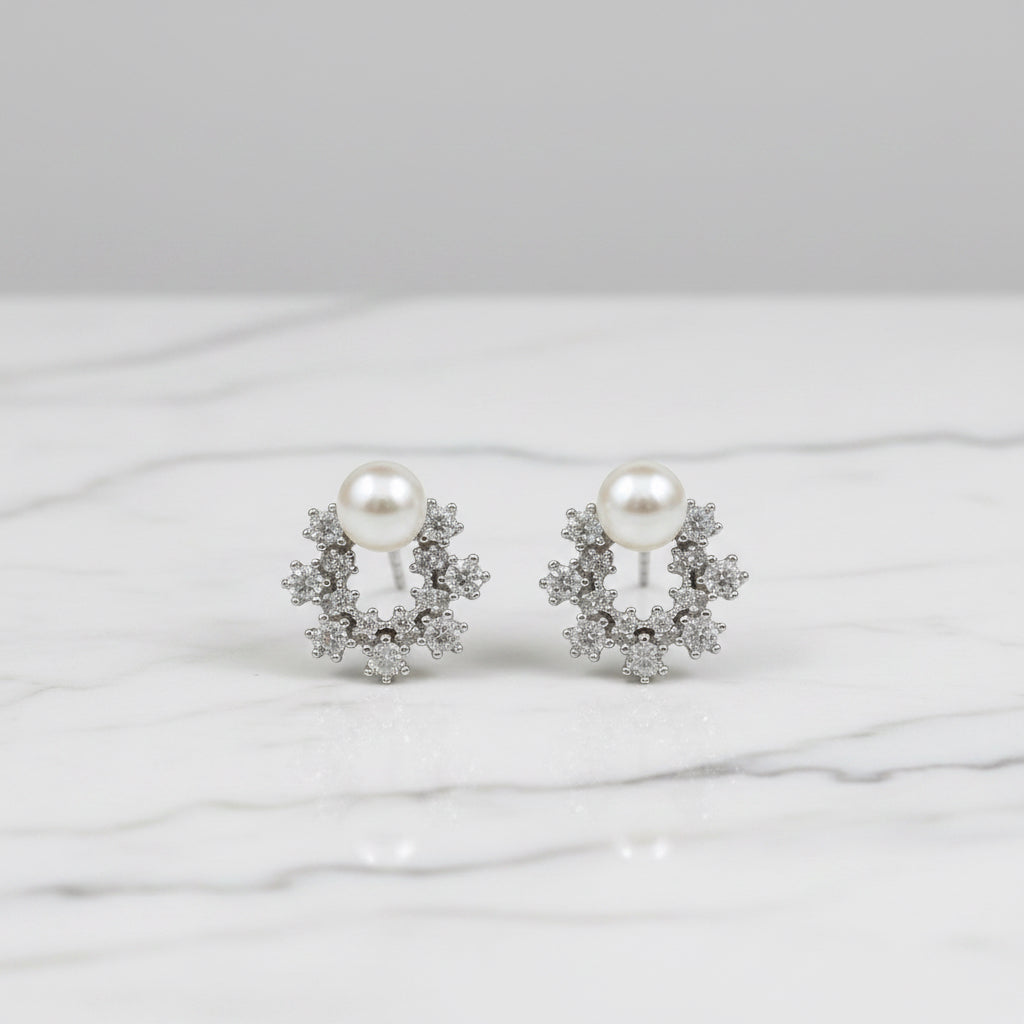 Lovely Cubic Zirconia Detailed Stud With Freshwater Pearl On Top - Terciany 