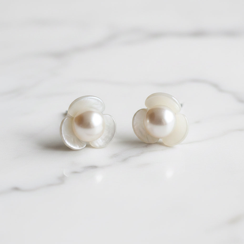 Mother Of Pearl Flower Stud With Freshwater Pearl Inner