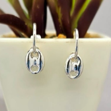 A pair of sterling silver hoop earrings with a Gucci chain link design, displayed in front of a potted plant.