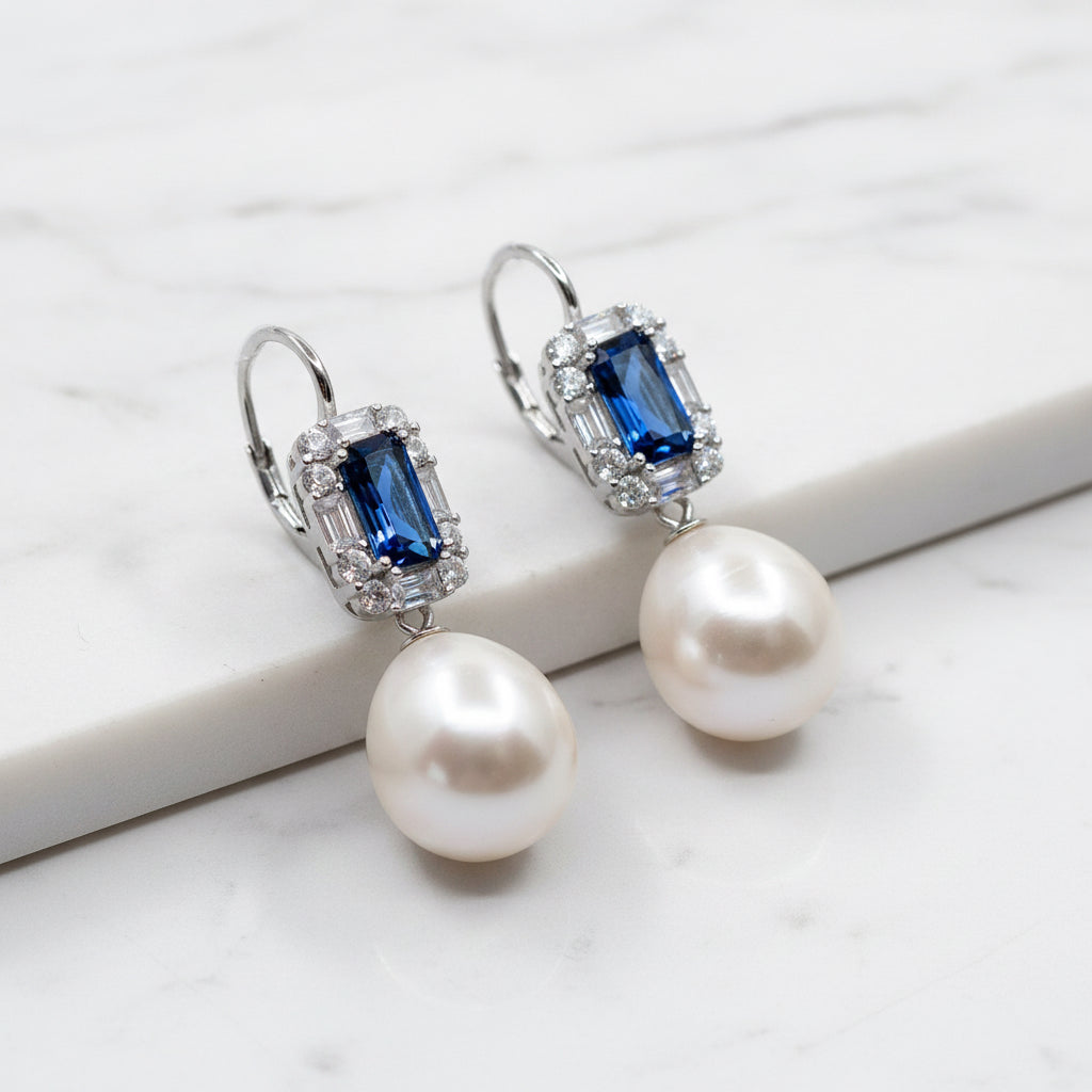 Statement Sterling Silver Earrings With Baroque Pearl And Blue Cubic Zirconia Stones