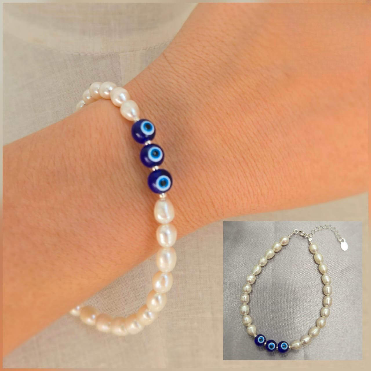 Freshwater pearl bracelet with evil eye inserts