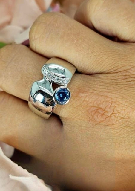 Statement Sterling silver ring with blue cubic zirconia