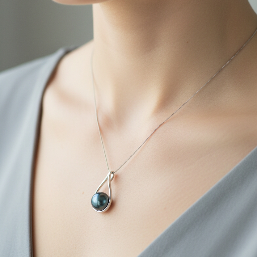 A teardrop-shaped blue freshwater pearl pendant set in sterling silver, displayed against a fabric background with floral accents.