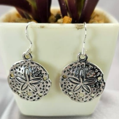 Round drop earrings with a starfish pattern, made of sterling silver, displayed in a white container with a green plant in the background.