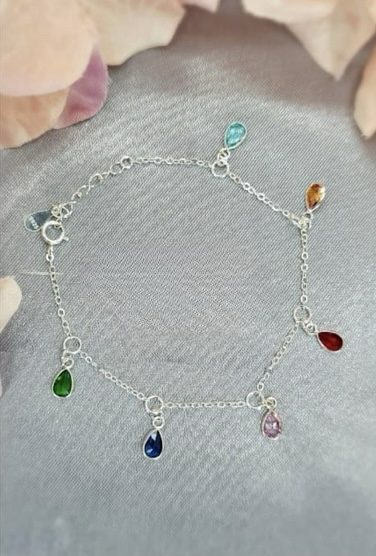 Sterling silver rainbow coloured drops bracelet